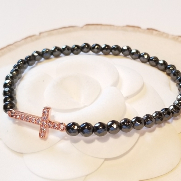 NEW Pave CZ Rose Gold Cross Hematite Bracelet - Picture 2 of 5